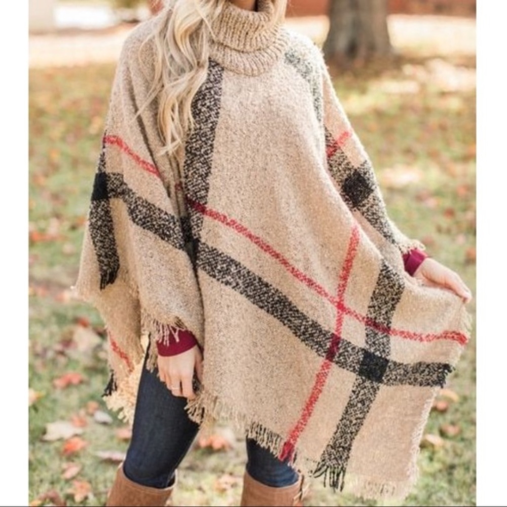 LAST ONE☝️PLAID FRAYED HEM PONCHO-KHAKI - Picture 2 of 5